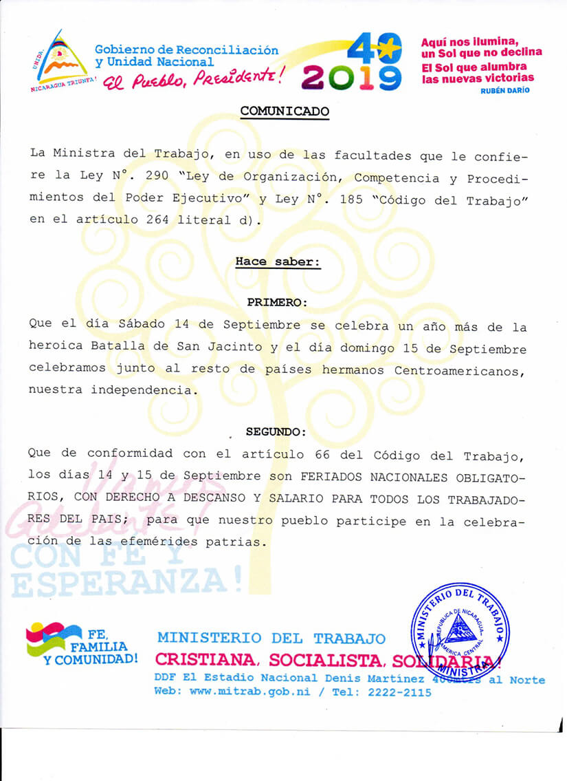 Gobierno de Nicaragua 14 y 15 de septiembre será compensado con 16 y 17