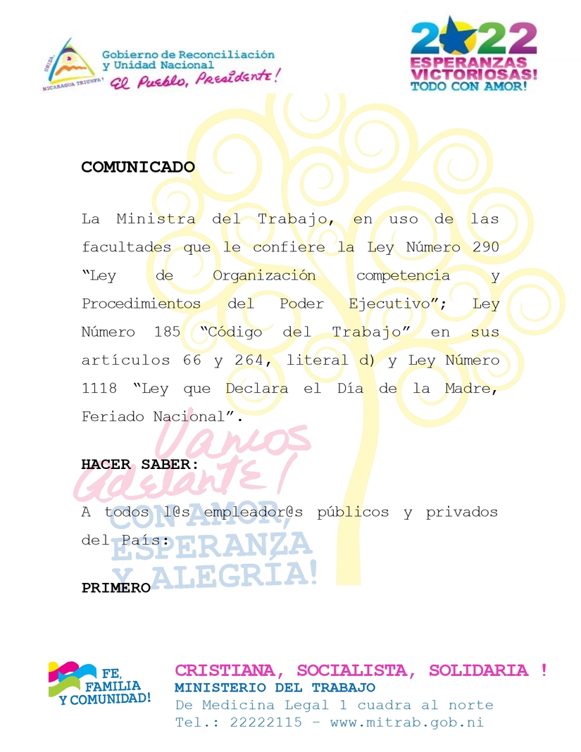 Comunicado Del Mitrab Sobre El Feriado Nacional Del Día De Las Madres Revista Nicaragua Sandino