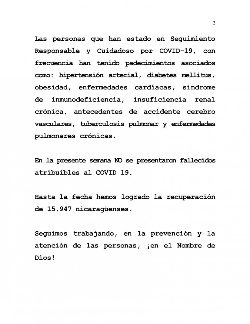 Conozca en detalle el informe del Covid-19 de la última semana en Nicaragua